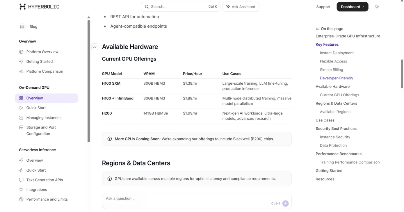 Hyperbolic public documentation table showing H100 SXM at 1.39 dollars per hour