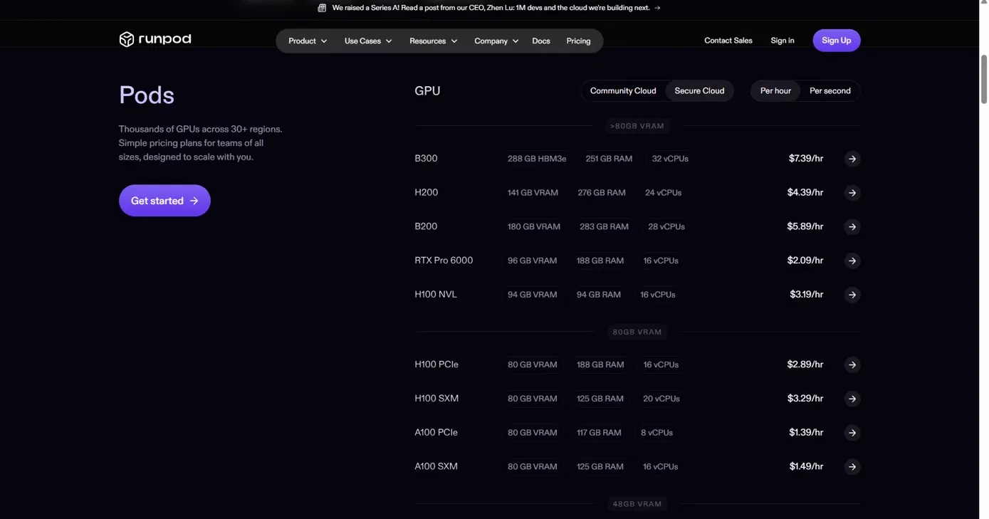 RunPod Secure Cloud H100 SXM rate at 3.29 dollars per hour