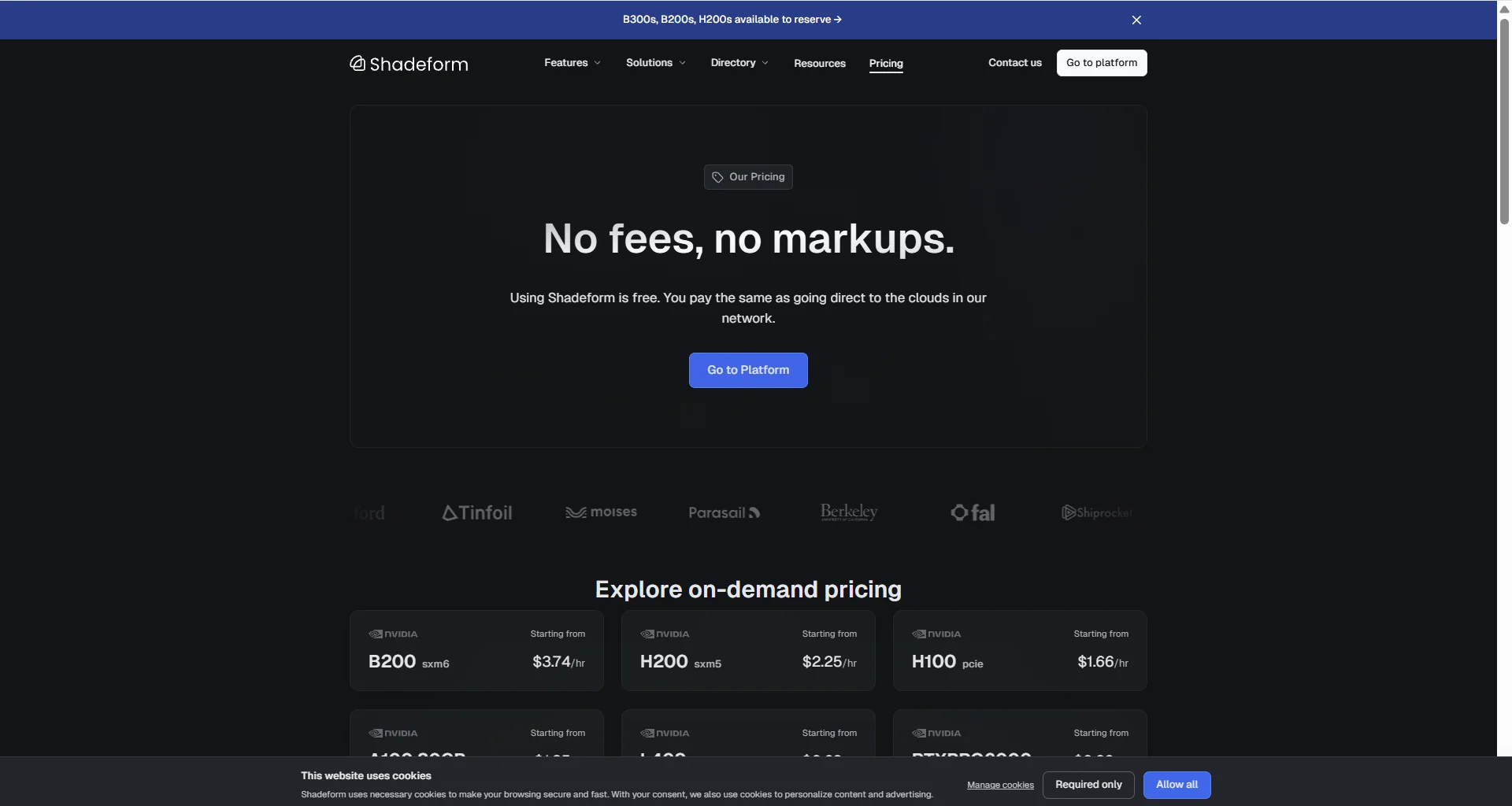 Shadeform no fees and no markups statement